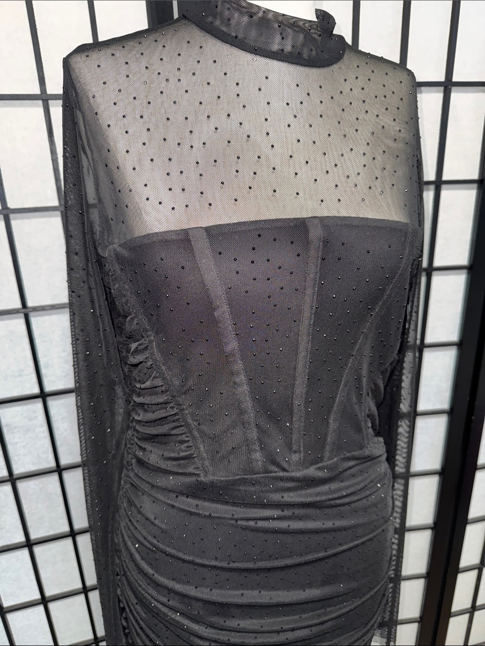 Black Halo Lexington Sheer Rhinestone Ruched Gown Size 12 - Picture 4 of 16